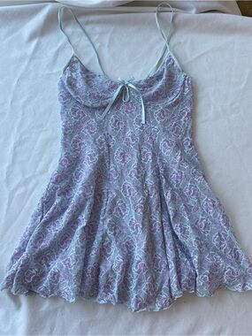 American Vintage Lavender Floral Lace Slip Dress with Mint Trim